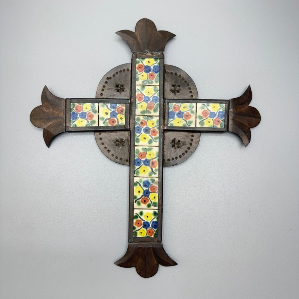 Vintage Rustic Metal Floral Ceramic Tile Wall Cross Southwestern